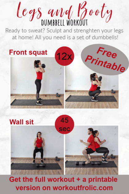 A Pinterest pin for a legs and glutes home workout with dumbbells.