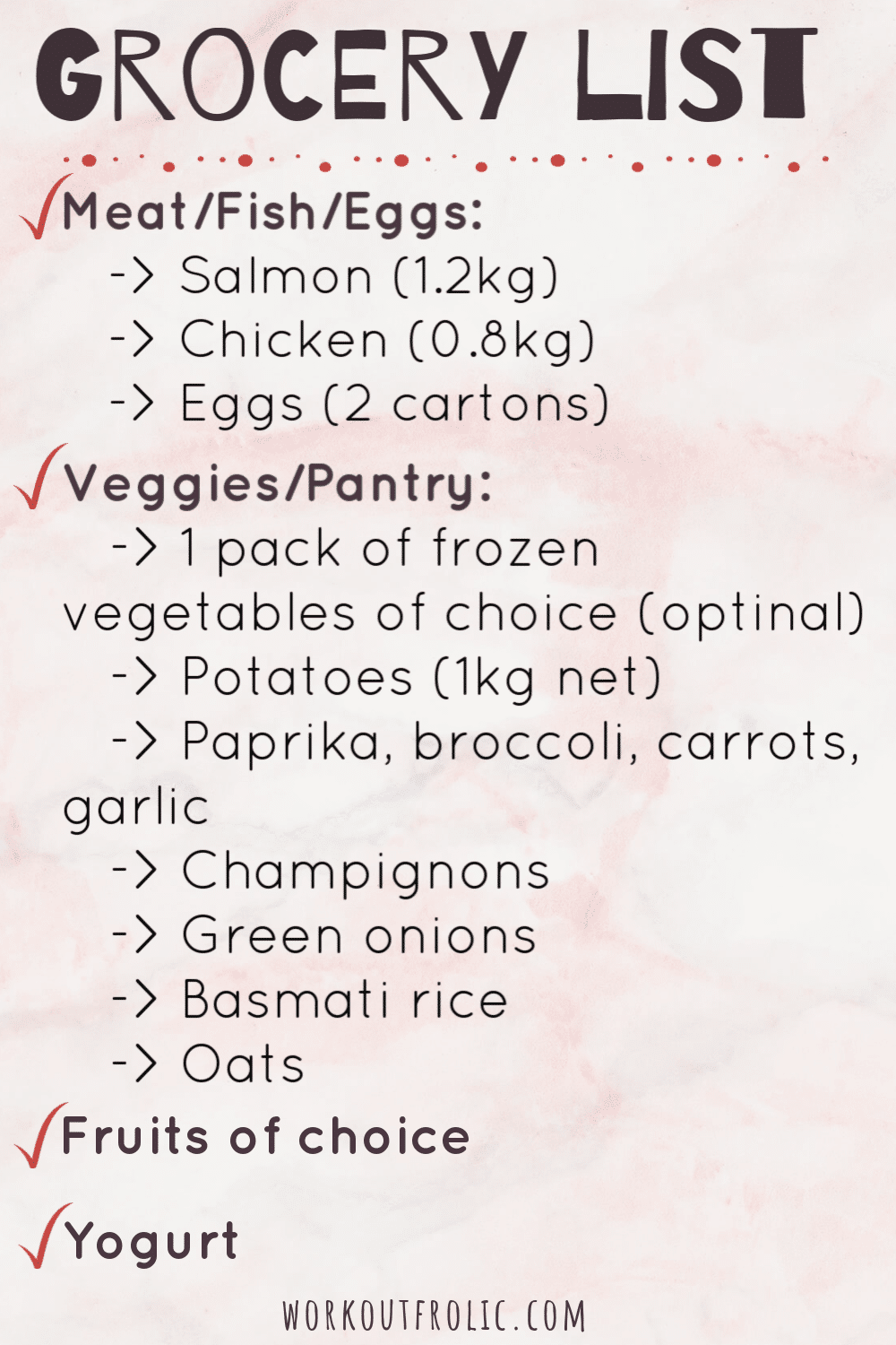 grocery list for easy meal prep of salmon chicken and potatoes from article "Easy meal prep ideas for dinner"