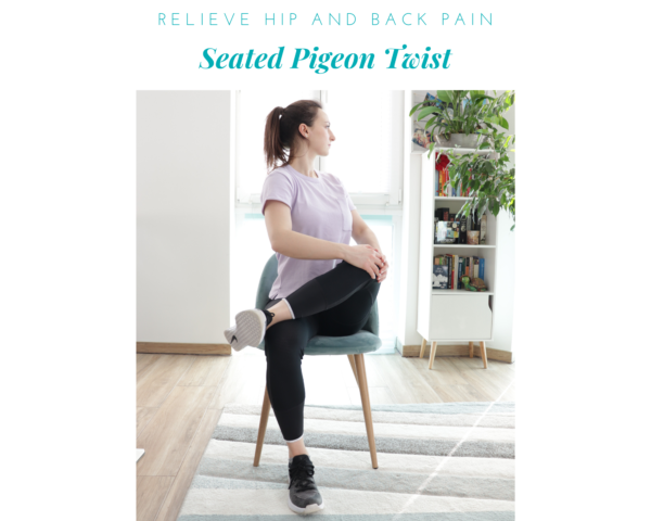 Seated pigeon twist yoga pose demonstration from article 10 Desk-friendly chair stretches to relieve muscle pain