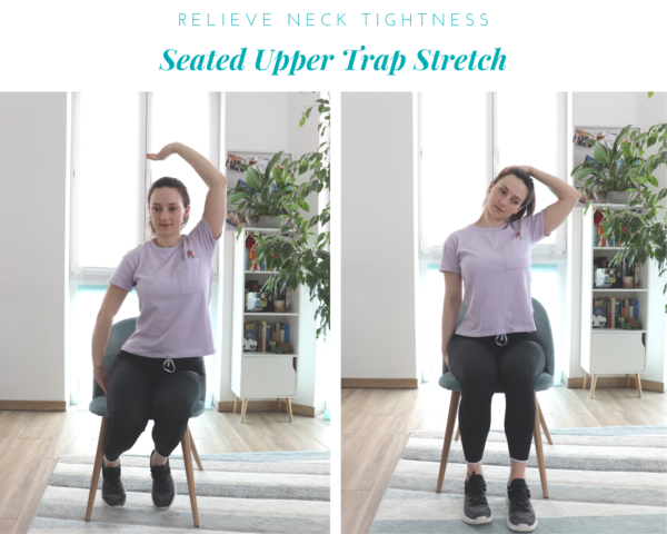 Seated upper trap stretch demo from article 10 Desk-friendly chair stretches to relieve muscle pain
